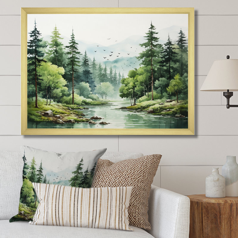 Tranquil Forêts, paysage I, art mural forêt pour le salon, H 16 po x l 32 po x P 1 po, Cadre doré simple