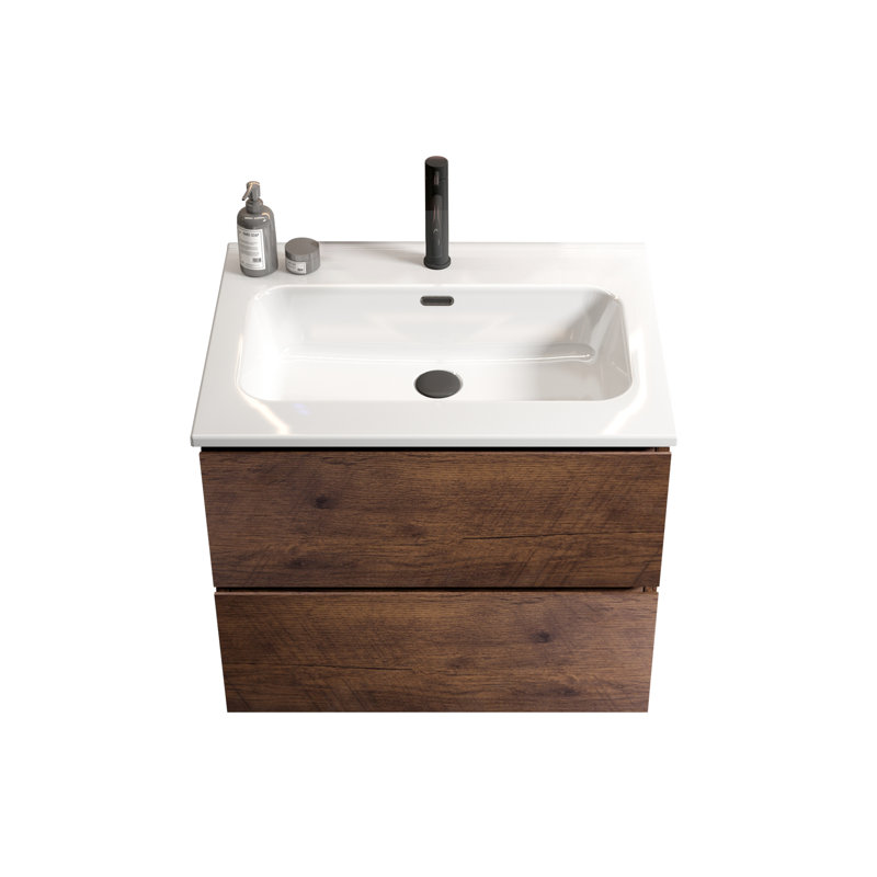 Meuble-lavabo moderne en noyer de 24 po - Lavabo en céramique, rangement volumineux, tiroir silencieux avec conception élégante