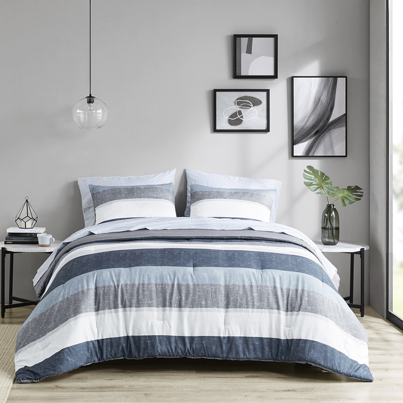 Ensemble d'édredon et de draps - look moderne en gris, bleu marine, bleu pour la literie de chambre à coucher avec draps
