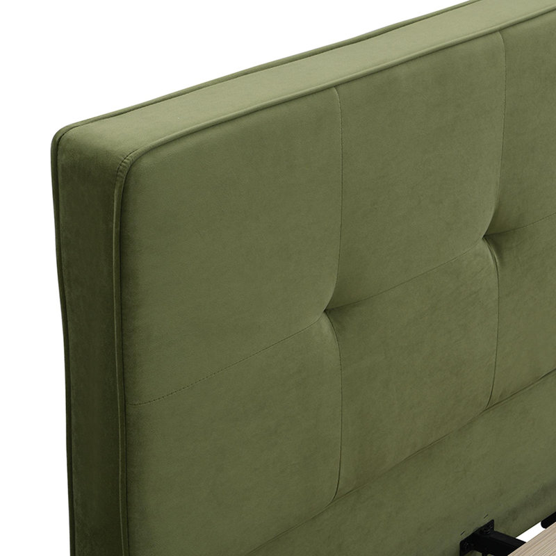 Très grande base de lit en velours, lit plateforme tapissier avec tête de lit capitonnée incurvée, coins carrés doux, vert olive