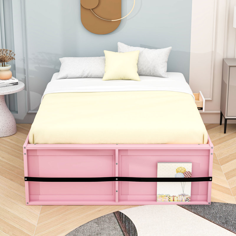 Lit plateforme en bois avec vitrine, tiroir et lumière DEL, Grand lit, Rose/Blanc