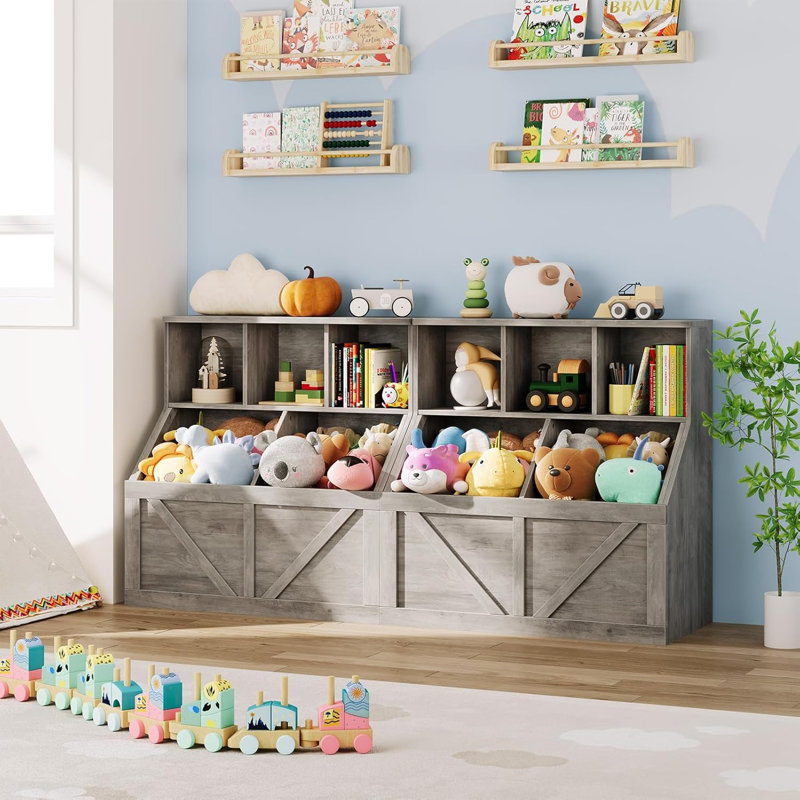 Organisateur de rangement pour jouets gris avec bibliothèque et armoire de rangement pour jouets
