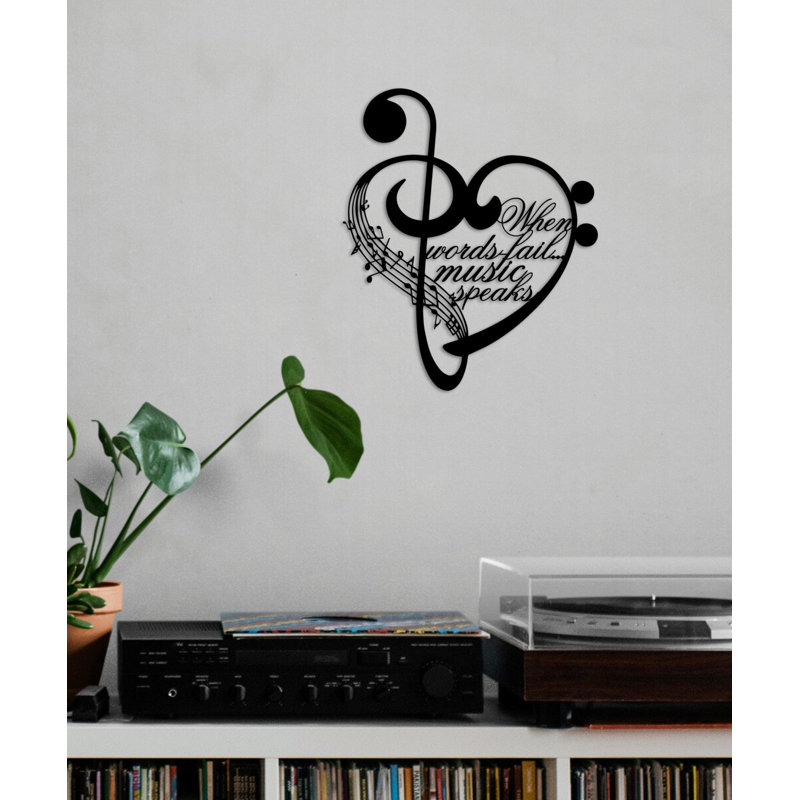 Notes et cœur, art mural en métal, Quand les mots échouent, la musique parle, H 14 po x l 11,8 po x P 0,5 po