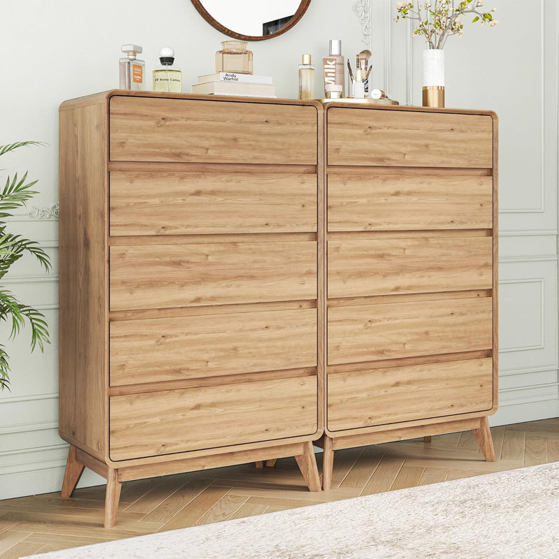 50"W Wood 5 - Drawers Dresser, Beige