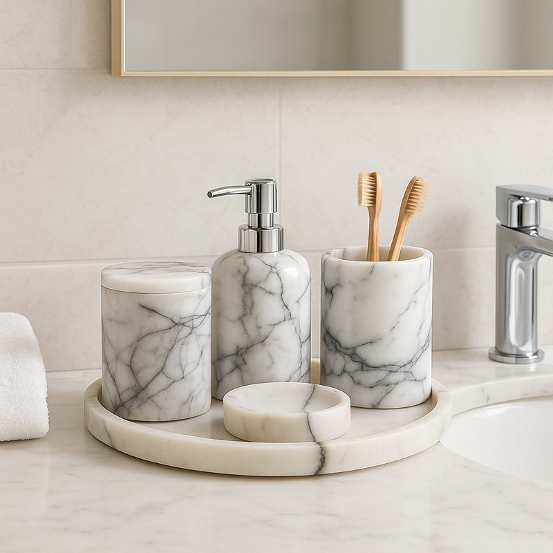 5 Pieces 100% Marble Bathroom Set Soap Dispenser Bar Soap Holder Toothbrush & Cotton Swab Holder Vanity Tray, Marble White