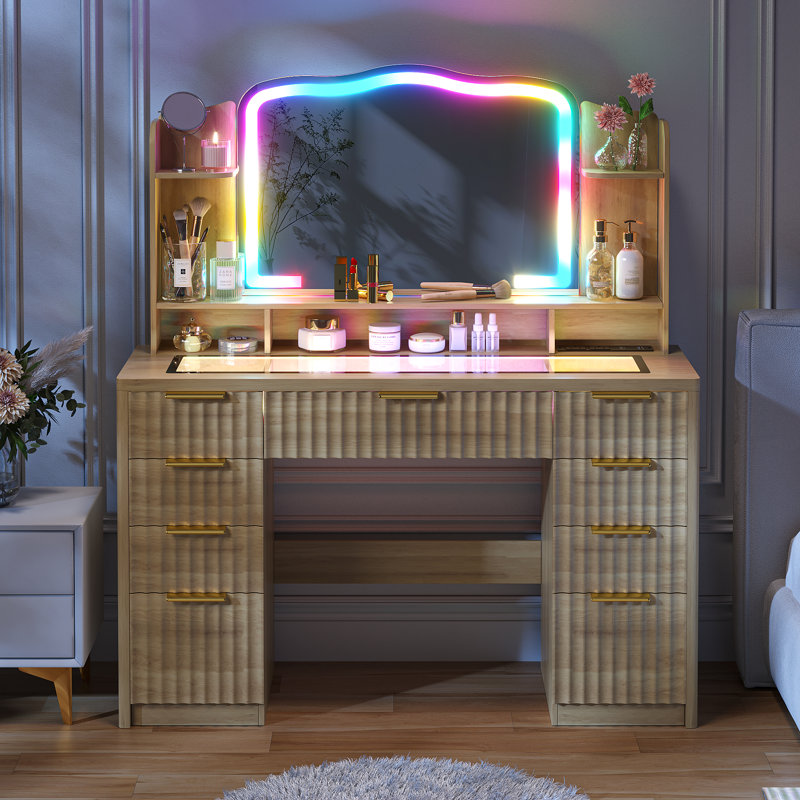 47.2" W Modern Large Vanity Desk With 9 Drawers, Glass Top, RGB Lighted Mirror & Power Outlets, Charging Station, Oak