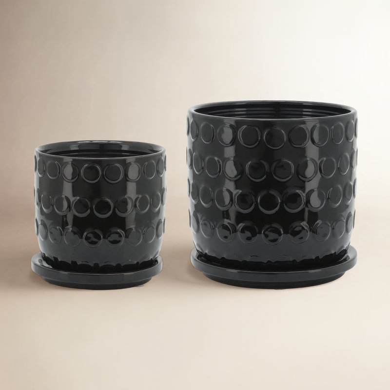 Modern Textured Ceramic Planter with Saucer, Bubble Black, 2