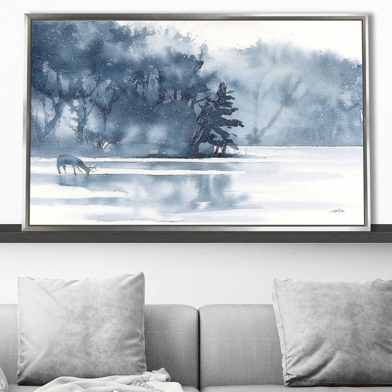 «Winter Lake» par Katrina Pete - peinture, Cadre flottant argent, H 21,5 po x l 33,5 po x P 2 po
