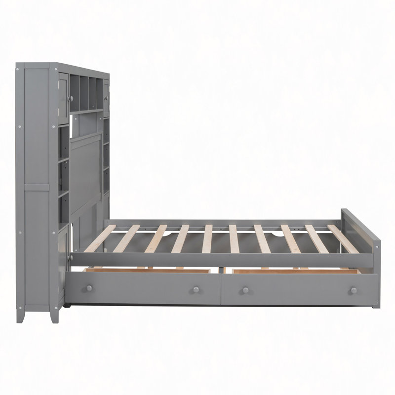 Lit en bois avec armoire tout-en-un, tablette et prises, lit gigogne, Gris