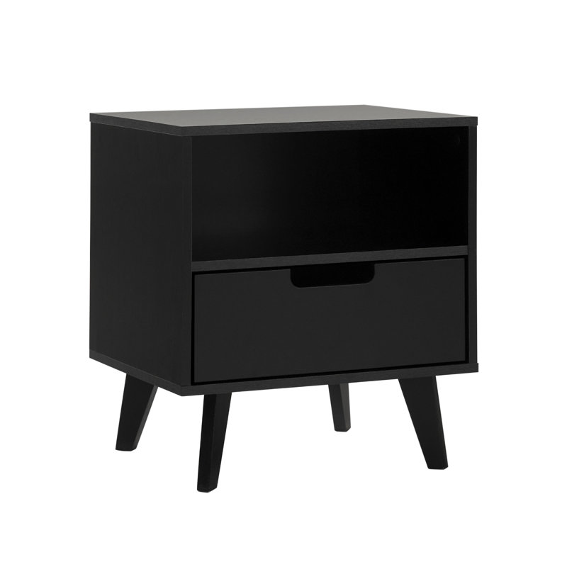 Table de chevet moderne à 1 tiroir avec casier ouvert, table de chevet, Noir