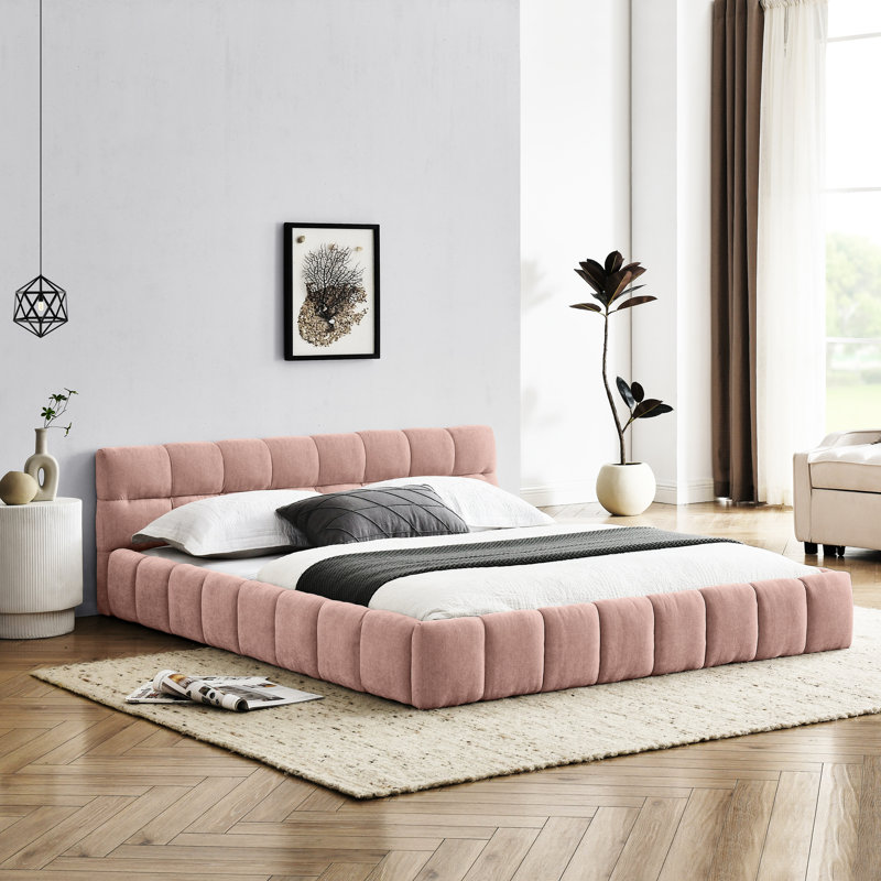 Lit tapissier grand format - Plateforme en chenille rose avec tête de lit et structure sans sommier tapissier, Rose