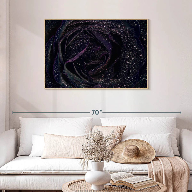 Rose noire scintillante, Cadre flottant en bois naturel, 43 po x 29 po