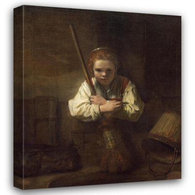 «A Girl with a Broom» par Rembrandt Van Rijn - Art mural sur toile tendue avec châssis
