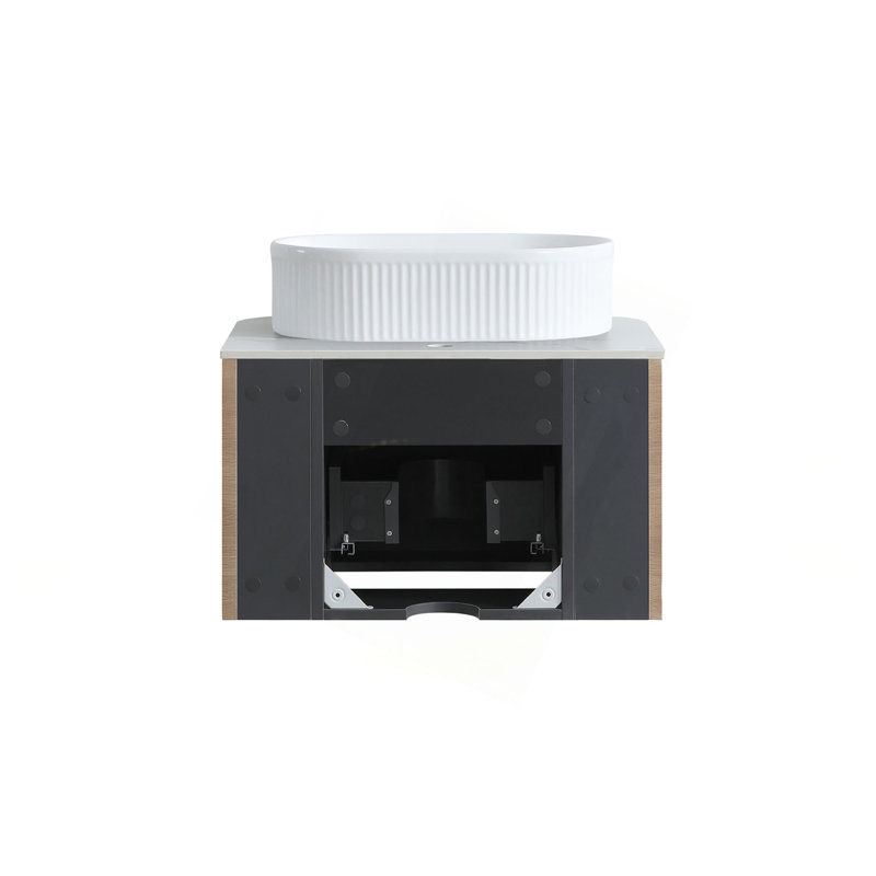 Meuble-lavabo Erba 24 pouces avec lavabo, armoire murale couleur miel avec porte-serviettes offert, lavabo ovale en céramique à rayures, sans bonde ni robinet, préassemblé