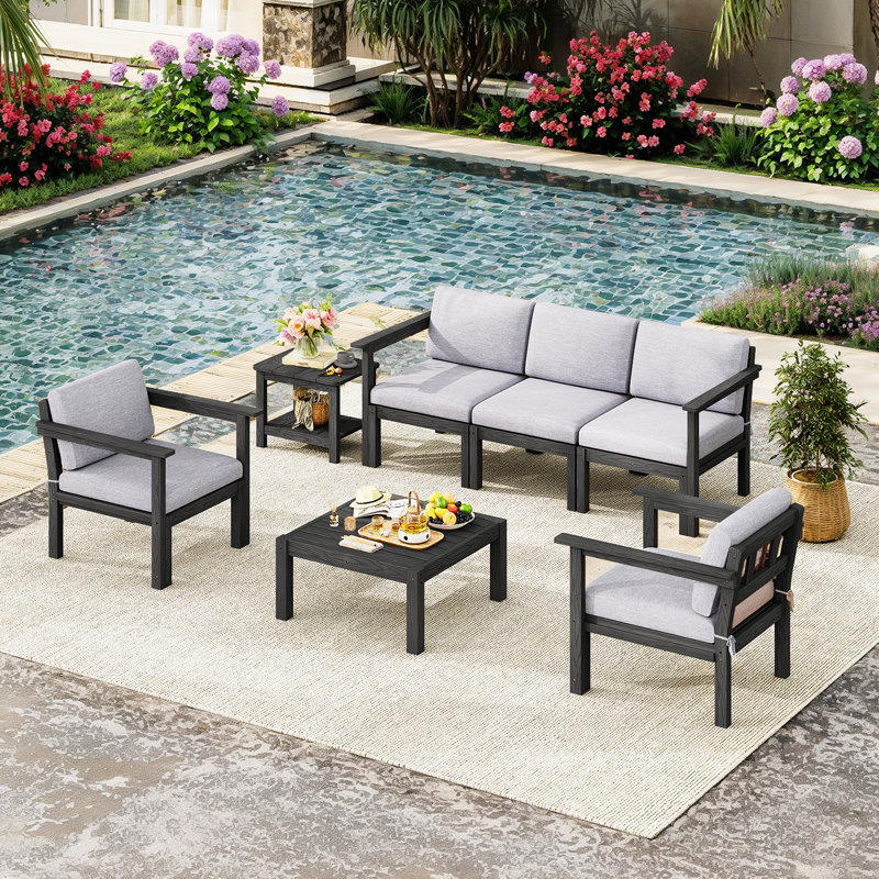 Ensemble de conversation modulaire de patio pour 5 personnes avec coussins, ensemble de conversation d'extérieur imperméable à l'eau toutes saisons 7 pièces, noir