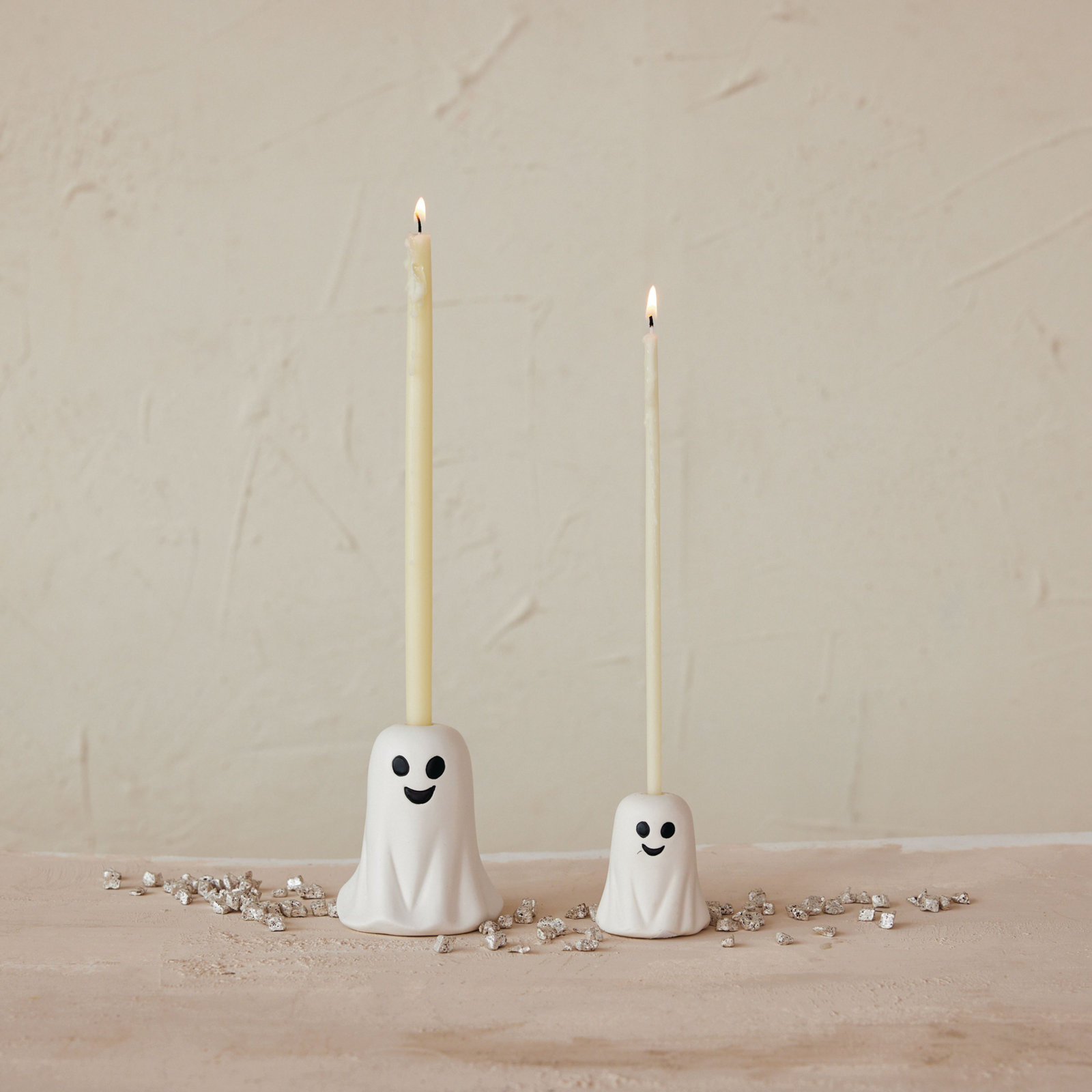 Tall Stoneware Ghost Shaped Taper Holder, 3.5" H x 2.88" W x 2.88" D