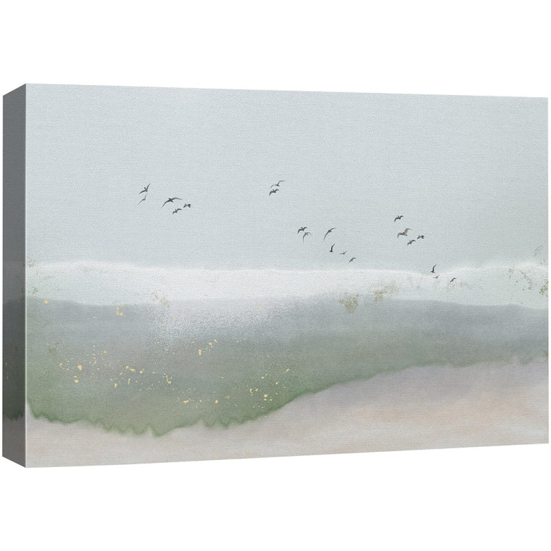 Gris et vert, aquarelle, ciel, oiseaux, formes abstraites, illustrations, art moderne, bohème, scénique, Toile tendue