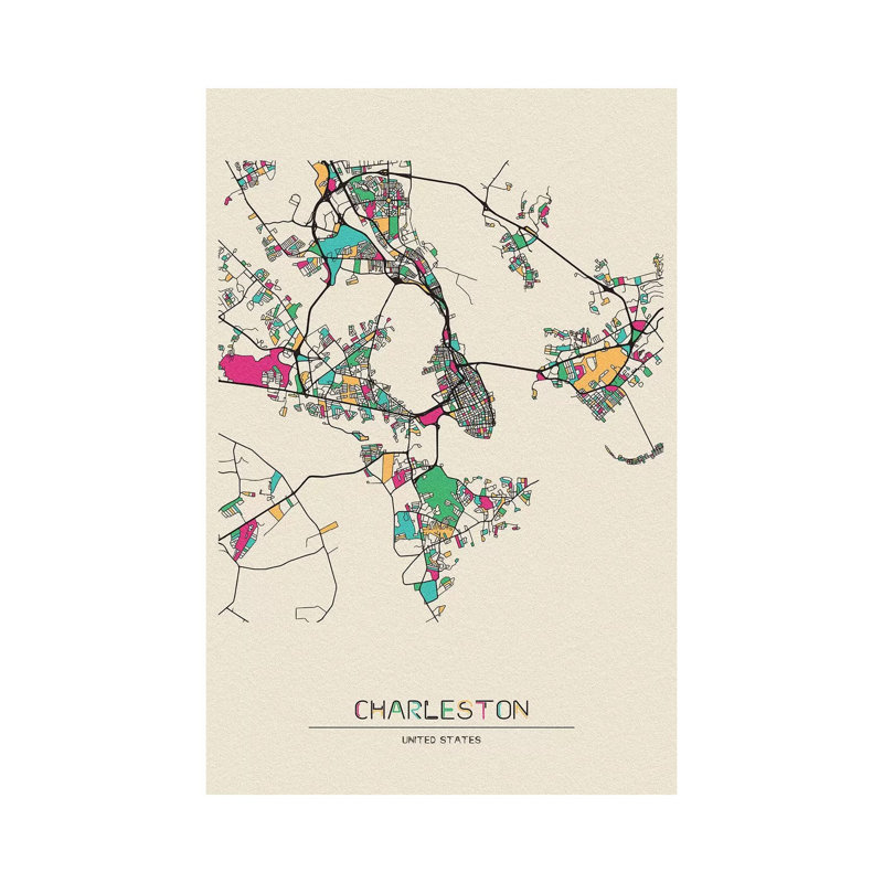 «Charleston, South Carolina Map» par Ayse Deniz Akerman - impression sur toile tendue, H 26 po x l 18 po x P 1,5 po