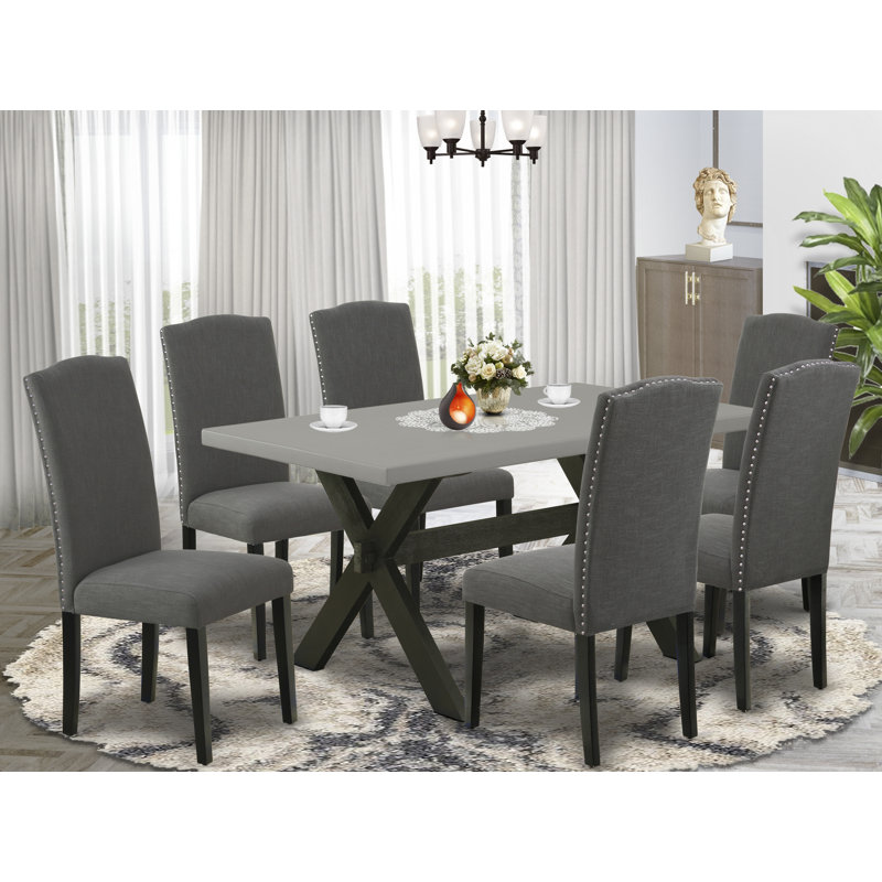 Ensemble de table de salle à manger 7 pièces composé d'une table de cuisine rectangulaire avec pieds en X et 6 chaises de salle à manger Parson en tissu Gotham foncé, noir brossé