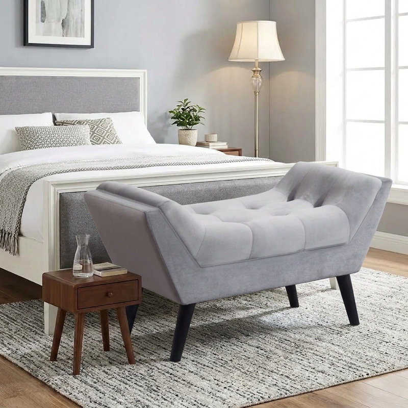 Fetush Velvet Upholstered Bench, Light Gray