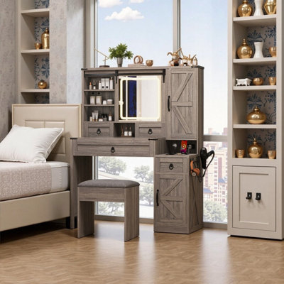 Farmhouse Vanity Desk With Sliding Led Mirror Charging Station Glass Top Stool & Storage, Mdf & Glass Makeup Dressing Table by Latitude Run