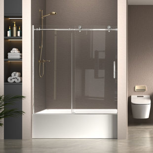 Porte de baignoire sans cadre à porte coulissante simple 57 po x 59 po x H 60 po avec verre transparent