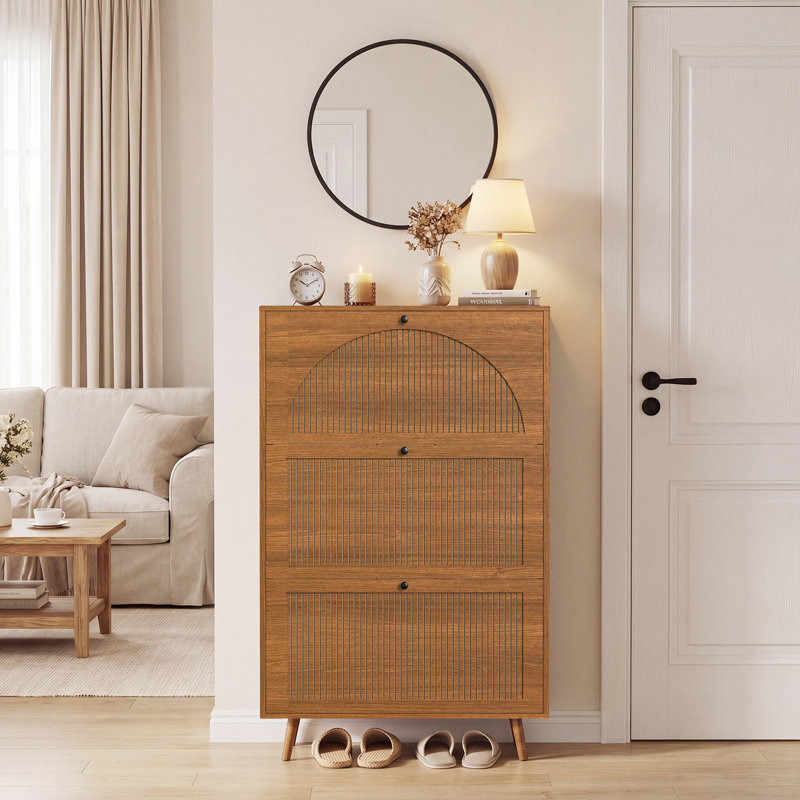 Shoe Storage Cabinet with 3 Flip Drawers, Fluted Panel Wooden Shoe Rack Organizer with Adjustable Shelves for Entryway, Hallway, Living Room, Walnut