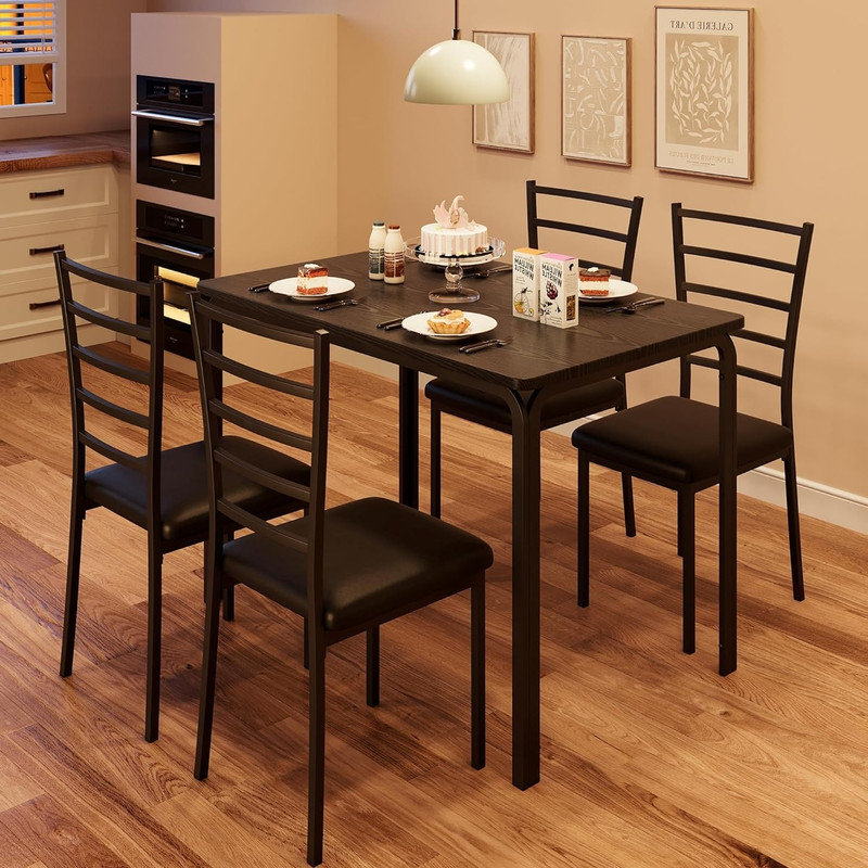 Ensemble de table de salle à manger noir pour 4 personnes, table de cuisine et chaises pour 4, ensemble de table de salle à manger de cuisine de 5 pièces, mobilier de salle à manger rectangulaire moderne en bois peu encombrant pour coin-repas, bureau