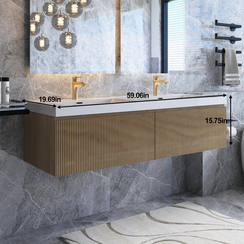 Meuble-lavabo mural moderne à rayures avec lavabo et tiroir à fermeture en douceur, 59"