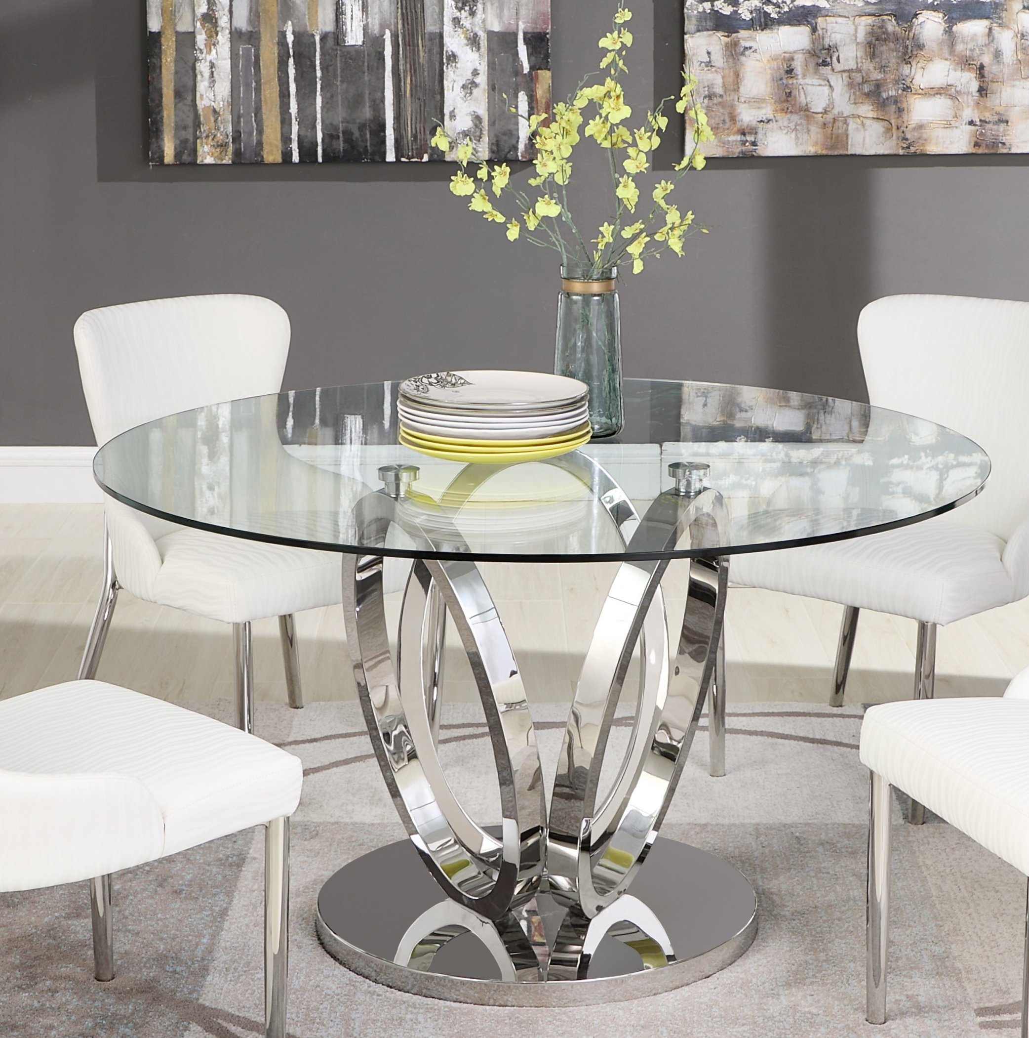 Orren Ellis Husha Contemporary Glass Top Dining Table w/ 3-Ring - Main Image