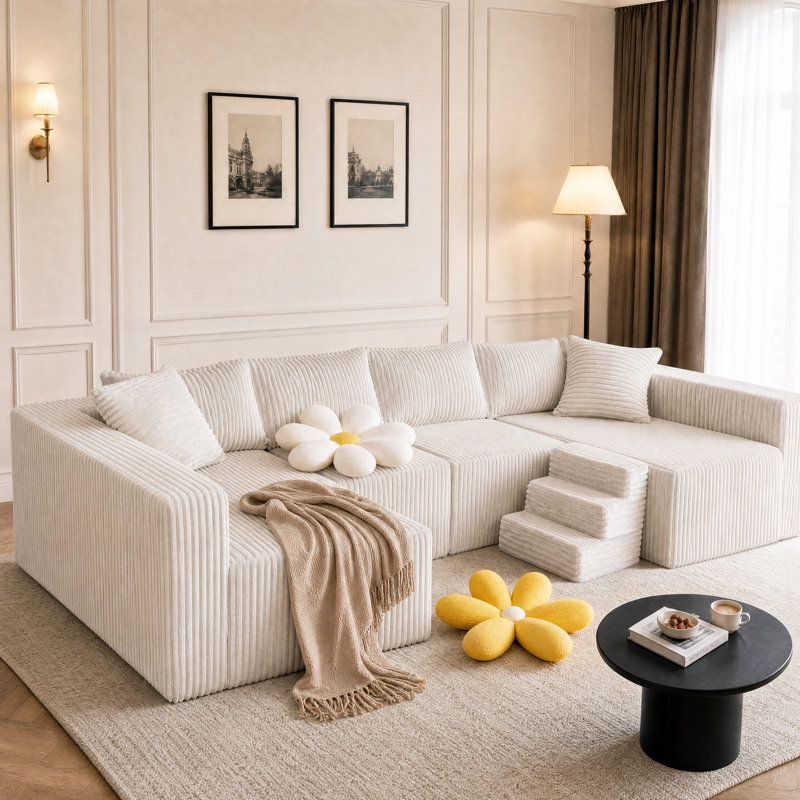 128" Sectional U-Shaped Modular Couch Sofa Includes Dog Stairs，Boneless Sofa with 2 Throw Pillows, White