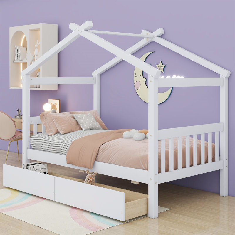 Wooden House Bed With Drawers, White, Twin