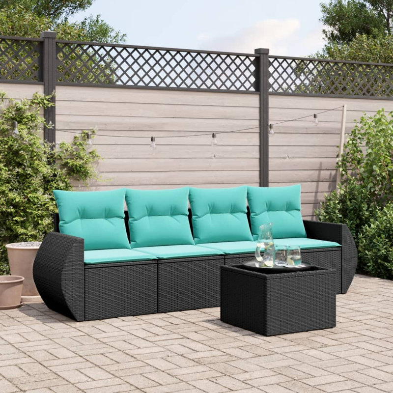 Ensemble de canapé de patio 5 pièces avec coussins en rotin de polyester, Bleu clair, Noir