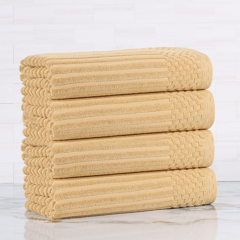 Kaelea Soho Cotton Ribbed Checkered Border Medium Weight 3 Piece Assorted Bathroom Towel Set, Bath Towel 4-Pack, Gold