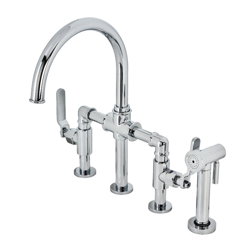 Kingston Brass Two-Handle 4-Hole Deck Mount Industrial Style Bridge Kitchen Faucet with Brass Side Sprayer, Polished Chrome