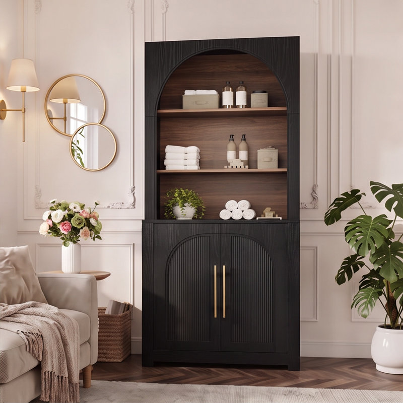 Bibliothèque en noyer de 70,87 pouces avec armoire de rangement à porte cintrée et étagères ouvertes, Black