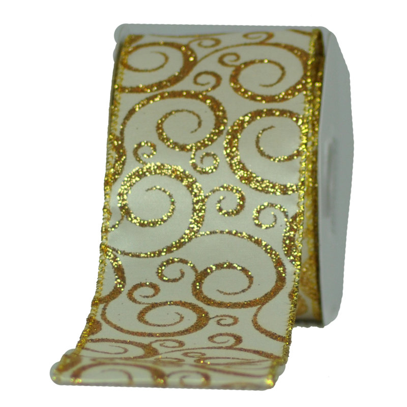 Ruban en tissu 2,5 po, Blanc / Doré