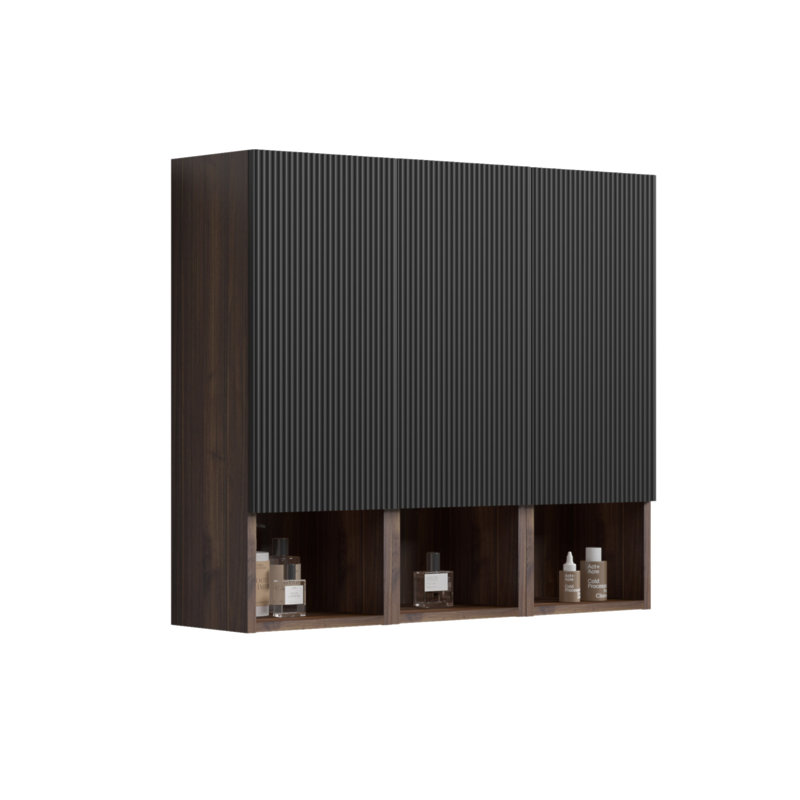 CC1014S110,309 Armoire latérale flottante noire et noyer pour salle de bain, armoire de rangement murale pour petits espaces, KD