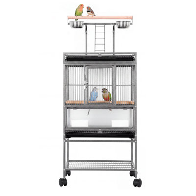 Cage à oiseaux roulante de 114 cm avec support, roulettes, étagère de rangement et structure en fil métallique pour perruches, inséparables, calopsittes, pinsons et canaris.