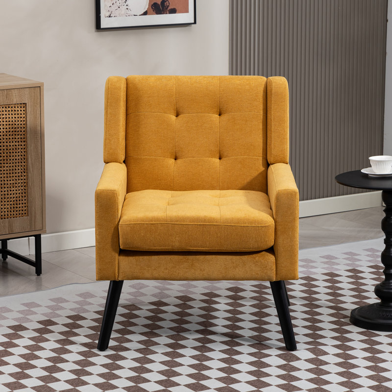 26.77" Mid-Century Modern Accent Chair, Linen & Suede Upholstery Comfy Armchair With Tufted Back, High-Density Foam Cushion And Black Solid Wood Legs
