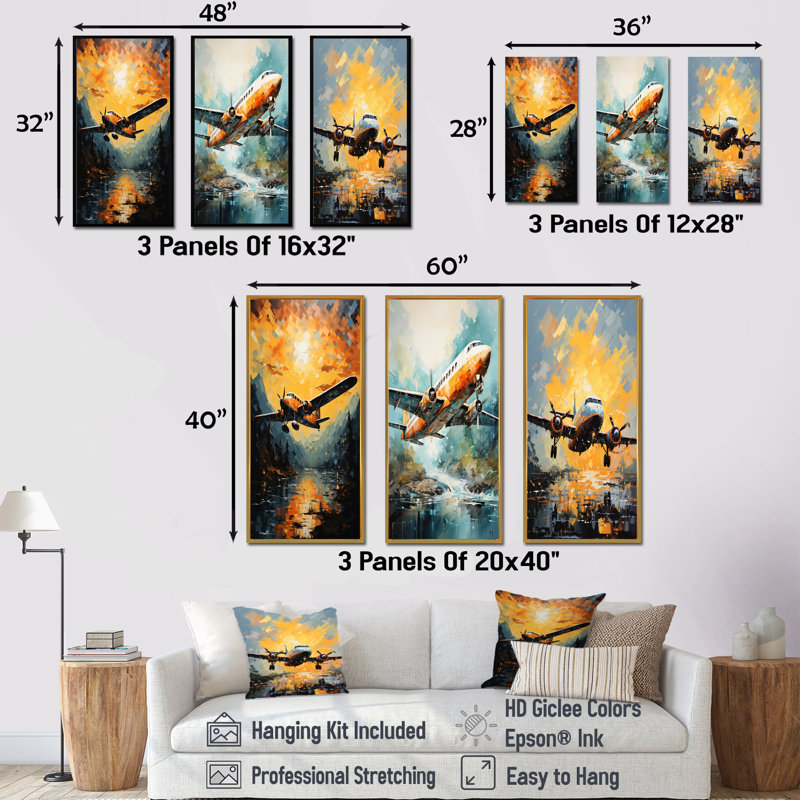 In Flight Plane Horizons - Ensemble de 3 impressions sur toile, Cadre flottant doré, H 40 po x l 60 po