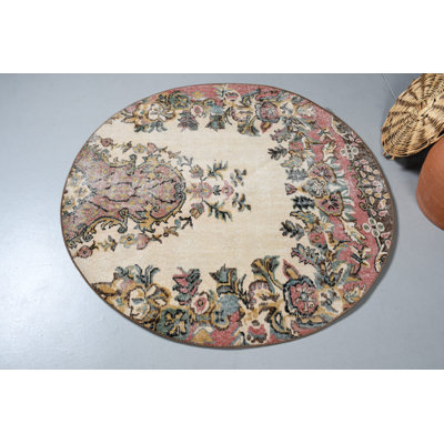 Tapis turc rond fait à la main avec motif floral pour le salon - Tapis de sol de style bohème beige et pièce décorative