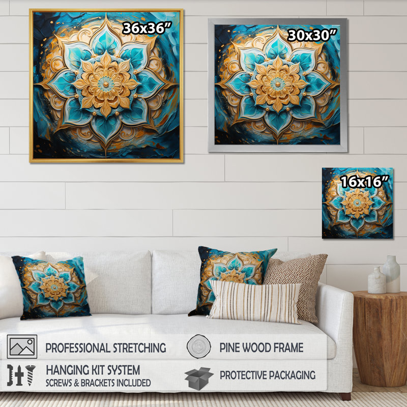 Divine mandala sur toile rétro or et turquoise I sur toile, 36" H x 36" W, Cadre flottant noir