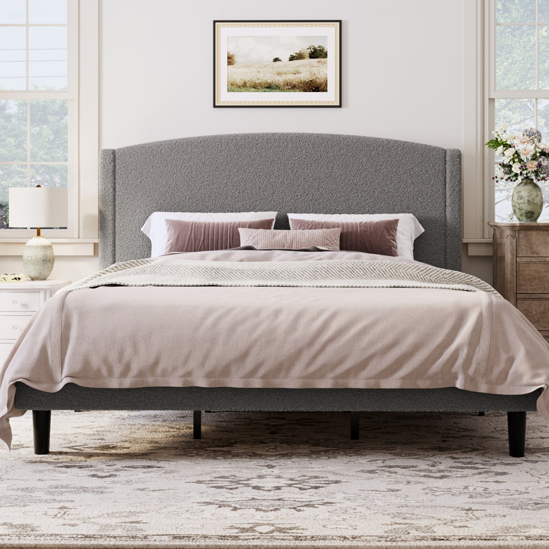 Lit plateforme tapissier Chic Teddy, Gris, Très grand lit