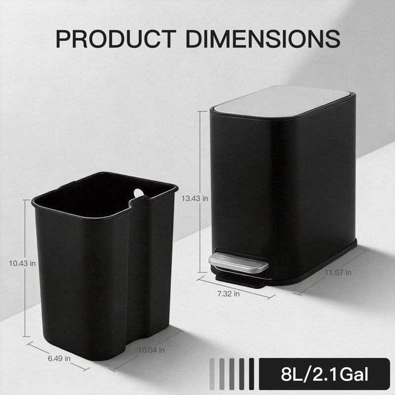 Poubelle de salle de bain avec couvercle à fermeture en douceur, petite poubelle de cuisine en acier inoxydable de 2 gallons avec seau intérieur amovible, noir