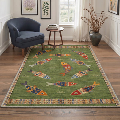 Whimsical Boho Tribal Geometric Colorful Fish Pattern Machine Washable Non Slip Bordered Green Multi-Color Indoor Area Rug
