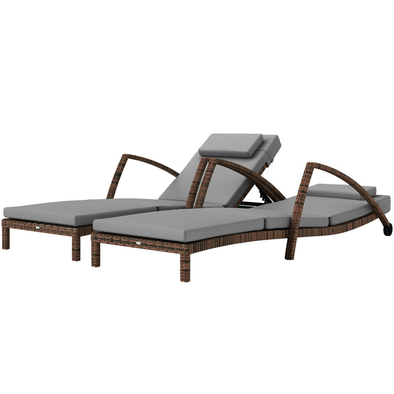 Set Of 2 Wicker Chaise Lounge Chair Outdoor Patio Lounger With 5 Adjustable Back, Wheels, Cushion, And Armrests, Gray, Gray