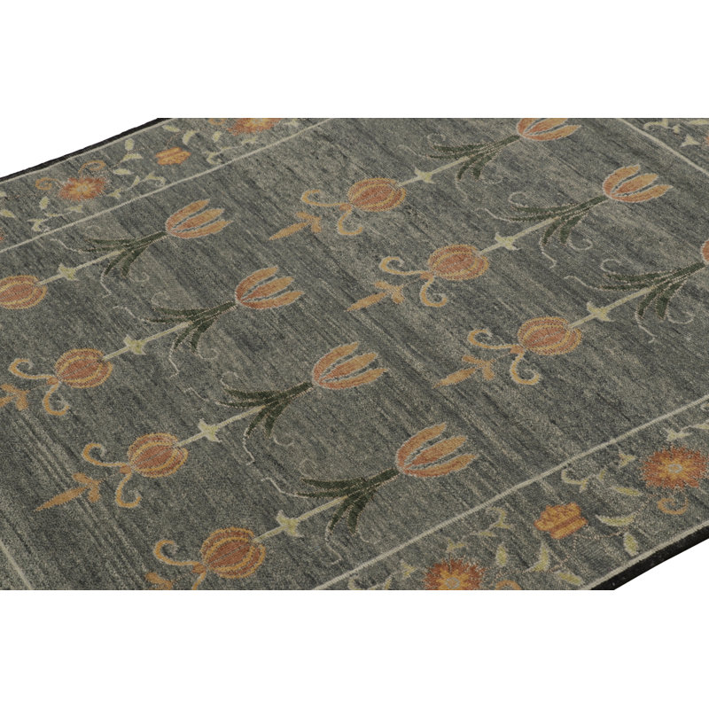 Rug & Kilim’S Block Print Rug, Teal And Gray Tones With Whimsical Floral Pattern