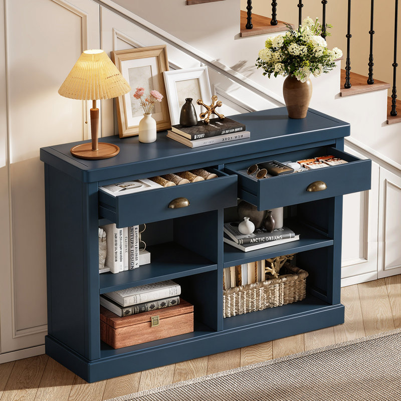 Console Bely Farmhouse avec 2 tiroirs et tablettes de rangement ouvertes, Console avec rangement à 2 tiroirs bleu marine