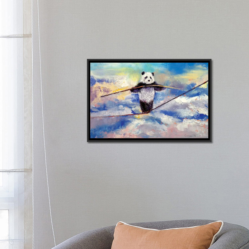 «Panda Tightrope», peinture sur toile tendue, H 18 po x l 26 po x P 1,5 po, Toile avec cadre noir, Pas de tapis